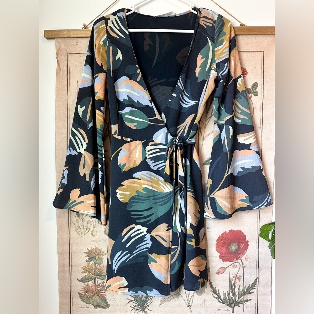 Amanda Uprichard Botanical Floral Tropical Wrap Bell Sleeve Dress Navy Multi S